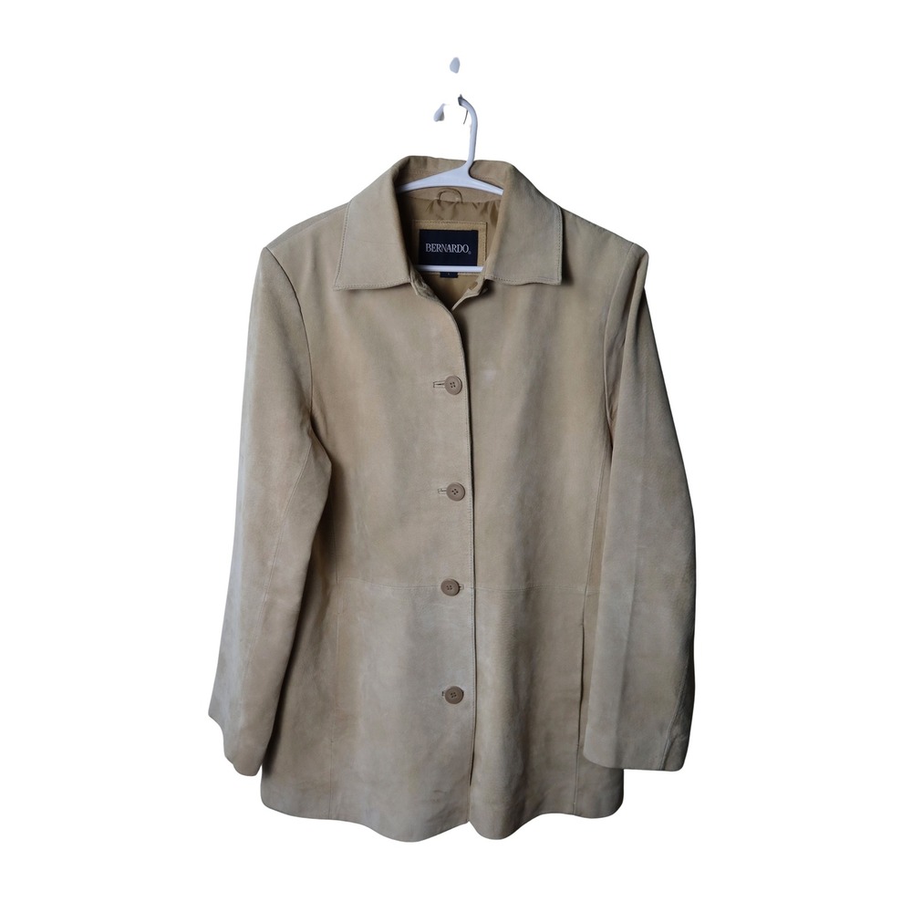 Bernardo Women Tan Suede Leather Jacket Button Front Mid Length Car Coat Size L